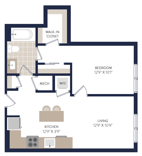 Floor plan for 1 bed, 1 bath, 611 sqft